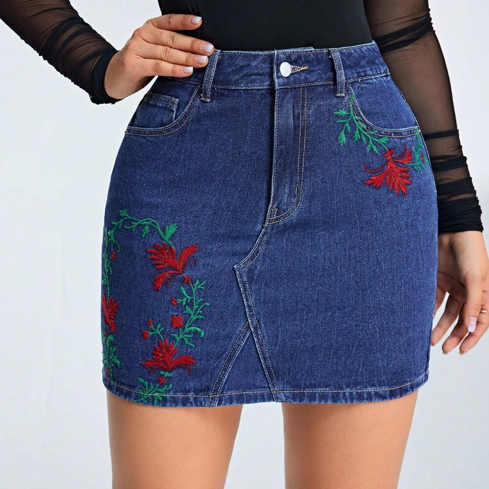Embroidered Denim Mini Skirt - Blue with Red Floral